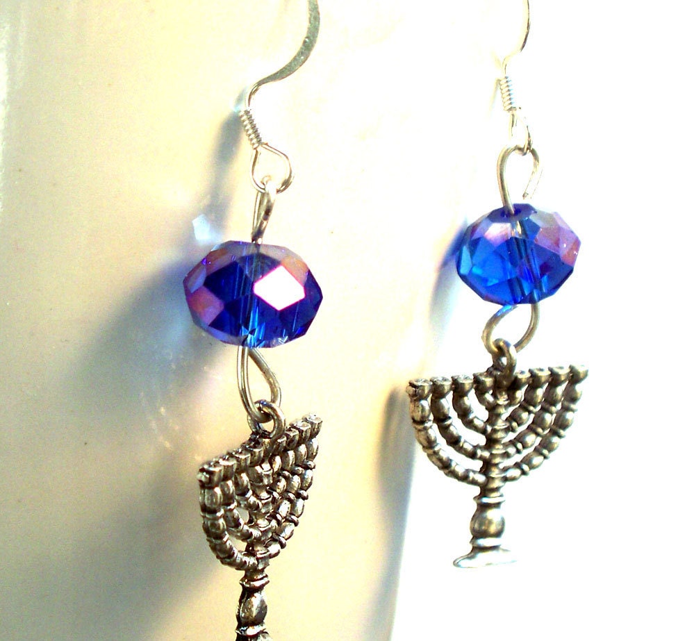 Jewish  Menorah Earrings Hanukkah Blue Czech Glass Earrings