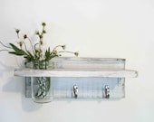 Wood French Country Wall Shelf  Hooks Faded Linen Shabby  Wedding Chic  White Color Beach Cottage