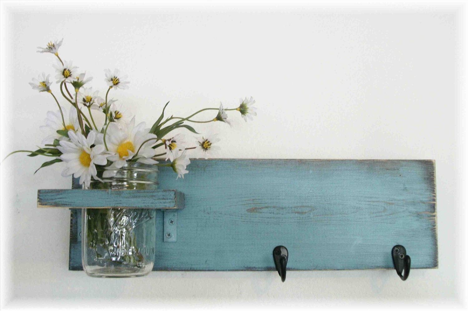 Primitive Country Robin's Egg Blue Wood Black Coat Hooks Cottage Wall Shelf