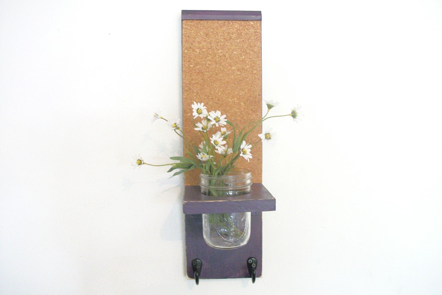 Wood Kitchen Hall  Shelf Cork Bulletin Memo Board Center Hooks Robins Grape Purple Color