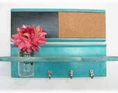 Retro Wall Shelf Cork & Blackboard Memo  Bulletin Board Message Center Beach Style  Turquoise Color