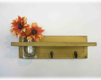 Primitive Cornflower Pumpkin Mustard Yellow Color Shelf  Hooks Rustic Country