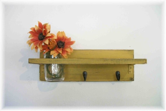 Primitive Cornflower Pumpkin Mustard Yellow Color Shelf  Hooks Rustic Country