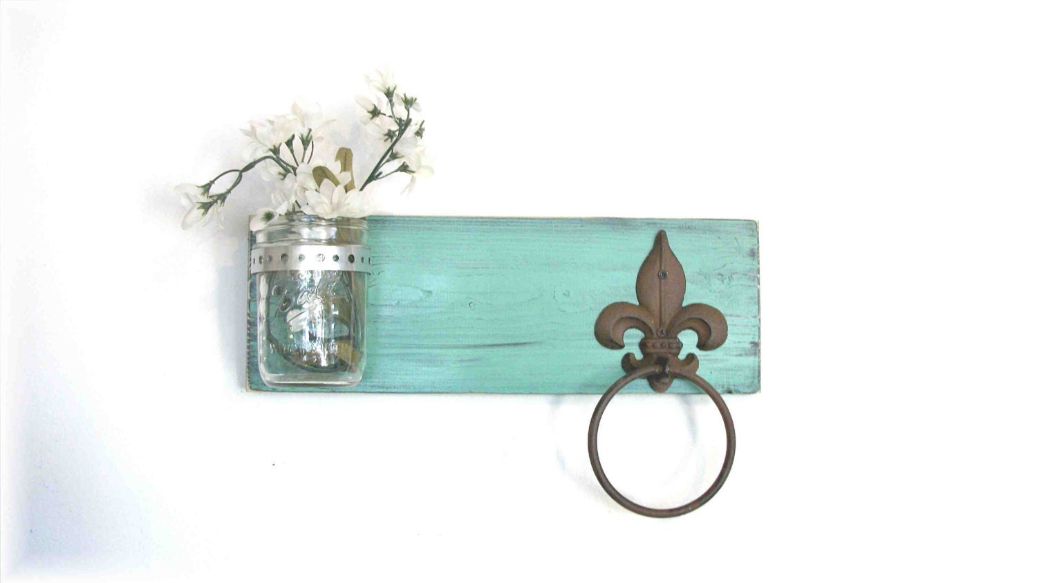 Wood Kitchen or Bathroom Wall Shelf  with Towel Ring  fleur de lis Shabby Chic