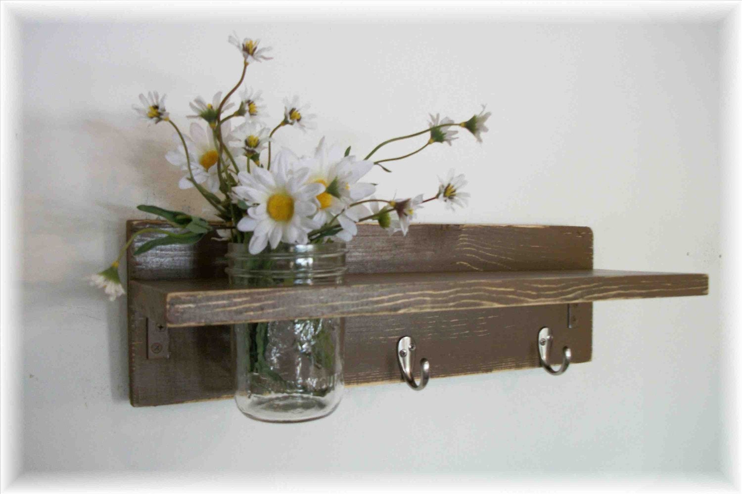 Primitive Country Chocolate Brown  FALL WOOD Coat Hooks Cottage Wall Shelf