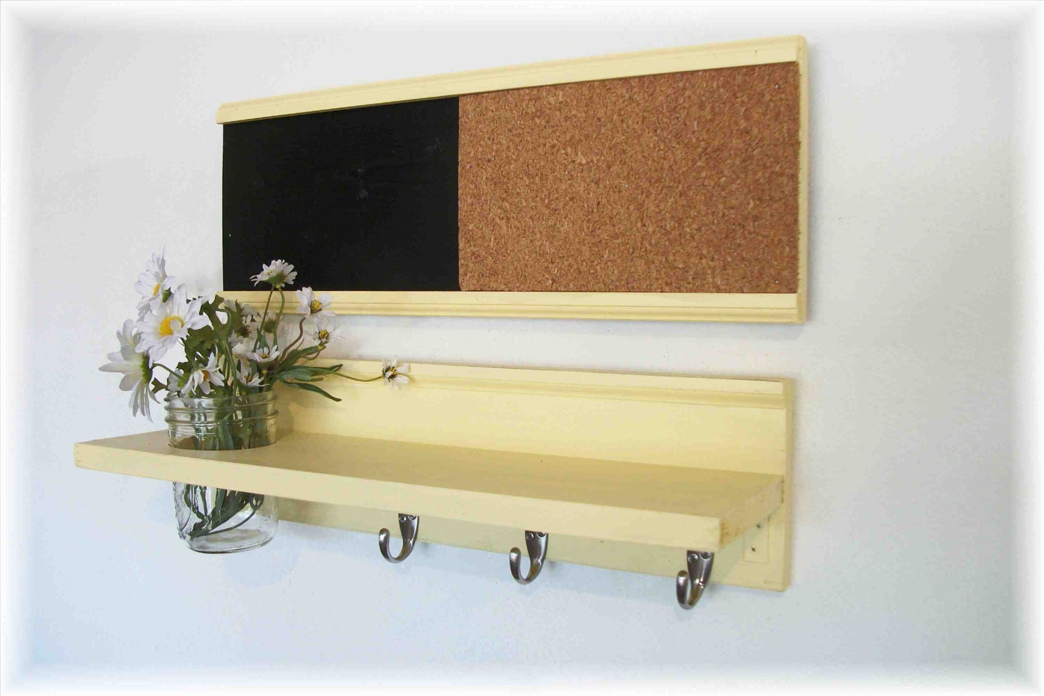 WOOD Wall Shelf Cork & Blackboard Bulletin Board Message Center Hooks Country Buttery Yellow Color