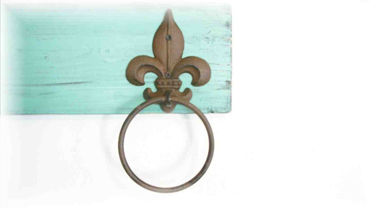 Wood Kitchen or Bathroom Wall Shelf  with Towel Ring  fleur de lis Shabby Chic