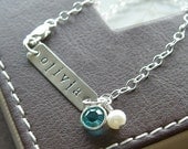Hand Stamped Bracelet - Personalized Sterling Silver Jewelry -Single Bar Bracelet with Birthstone and Pearl