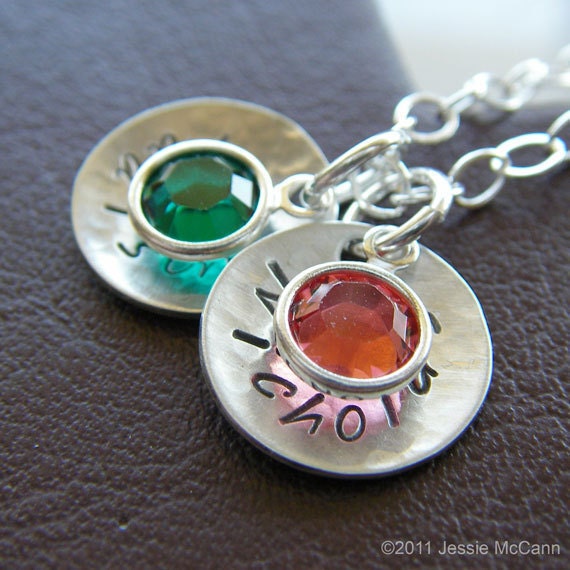 Hand Stamped Necklace - Personalized Sterling Silver Textured and Domed Charm Jewelry - Petite Duo Cupola with Birthstone Drops