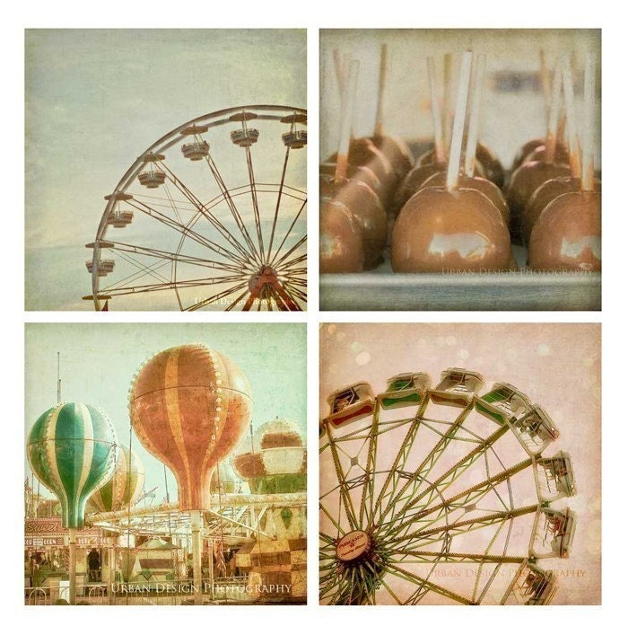 Baby Nursery Carnival Photography Prints, pastel fair, balloons, ferris wheel, childs room, magical, wall art, mini collection, set - 4x4