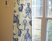 Ocean Curtain Panel Drape Octopus Sea Life Crab Lobster and Turtle made with OCEANIA by Thomas Paul Fabric in Indigo Blue and Cream