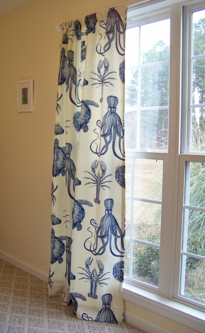 Ocean Curtain Panel Drape Octopus Sea Life Crab Lobster and Turtle made with OCEANIA by Thomas Paul Fabric in Indigo Blue and Cream