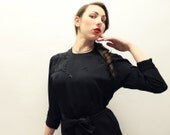 40s Black Dress - Rayon with Floral Beadwork - LRG