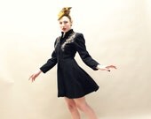40s Wool Coat - Majorette length Black  WOOL Princess Jacket With Sequins - SM