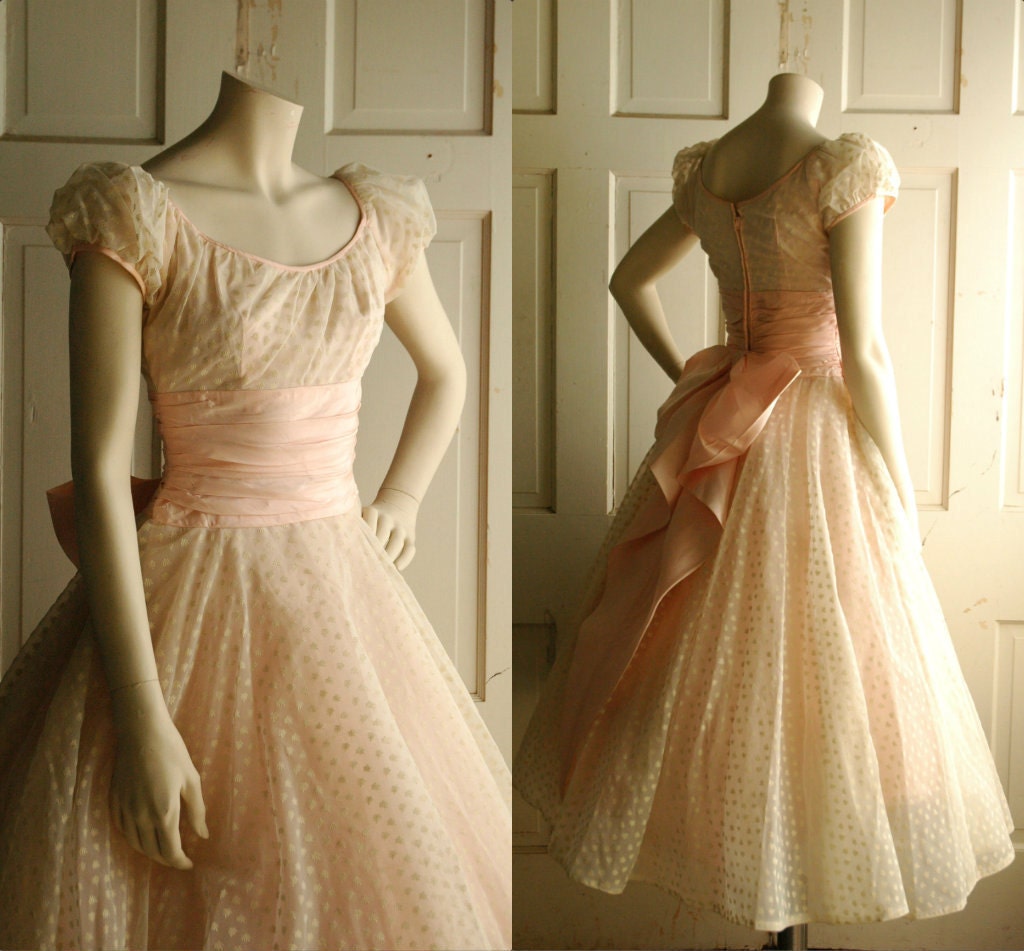 1950s Wedding Dress / Vintage Pale Pink Tea Length Dress