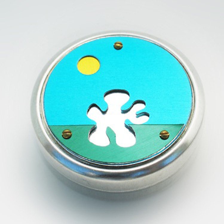 Metal Pillbox / Tin / Container with Anodized Aluminum Design - Guy in Sun