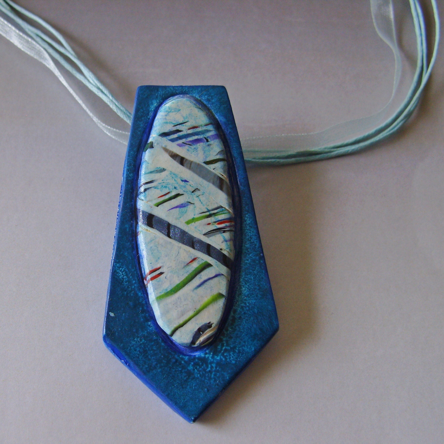 Barbara Necklace Alpha polymer clay and fabric and base metal