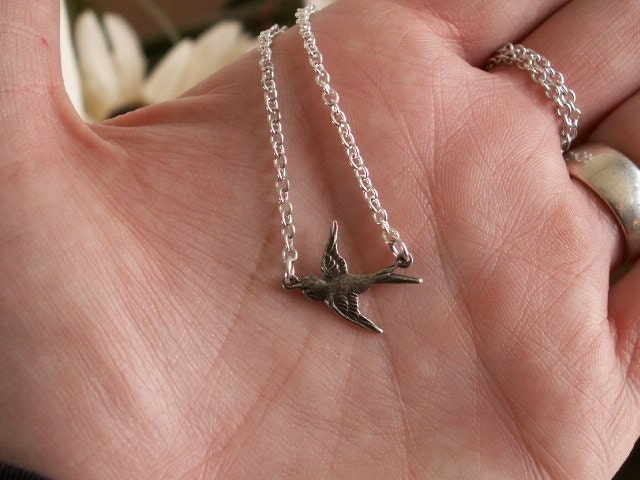 Vol Joyeux... Dainty antique silver sparrow necklace.
