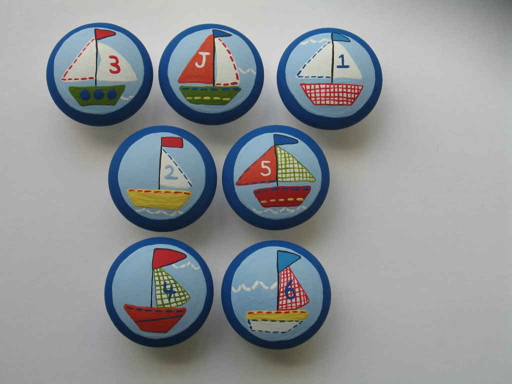 Sailboat nautical ship hand painted knobs drawer pull boat boats nursery