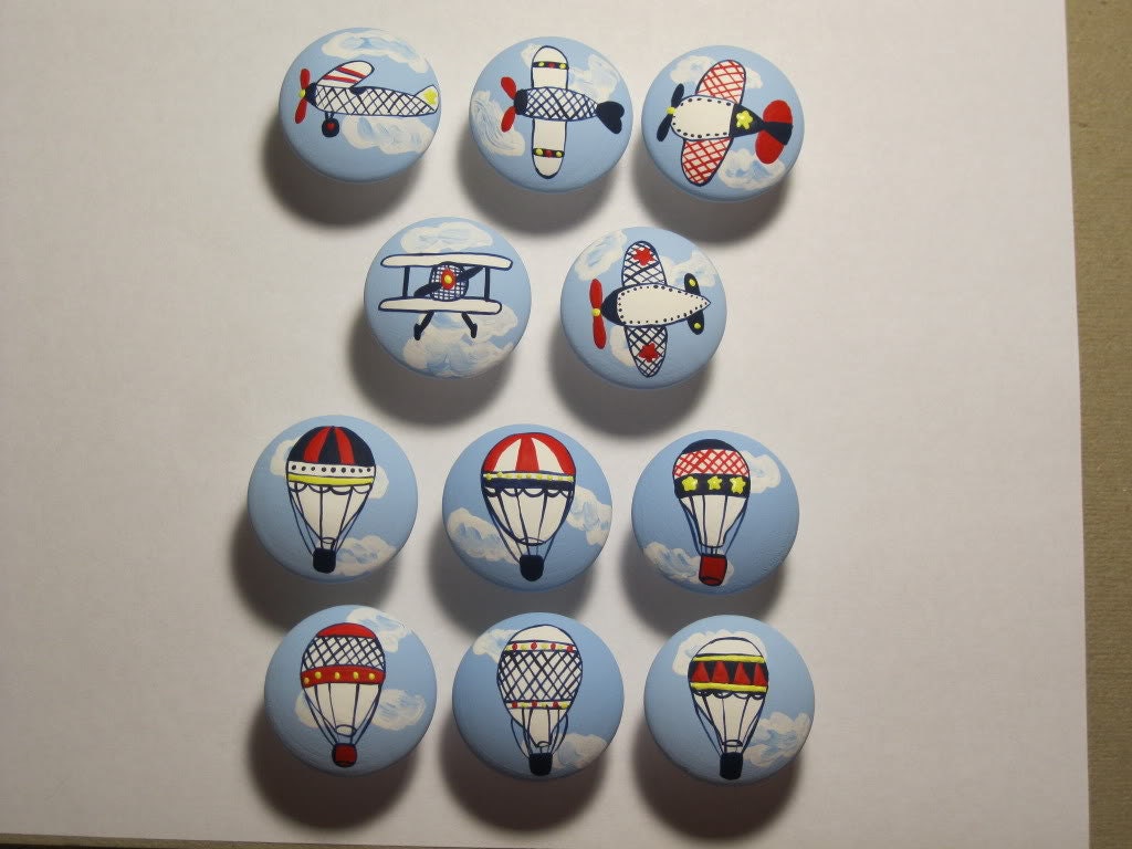 Airplanes Hot Air Balloons drawer pulls knobs hand painted custom