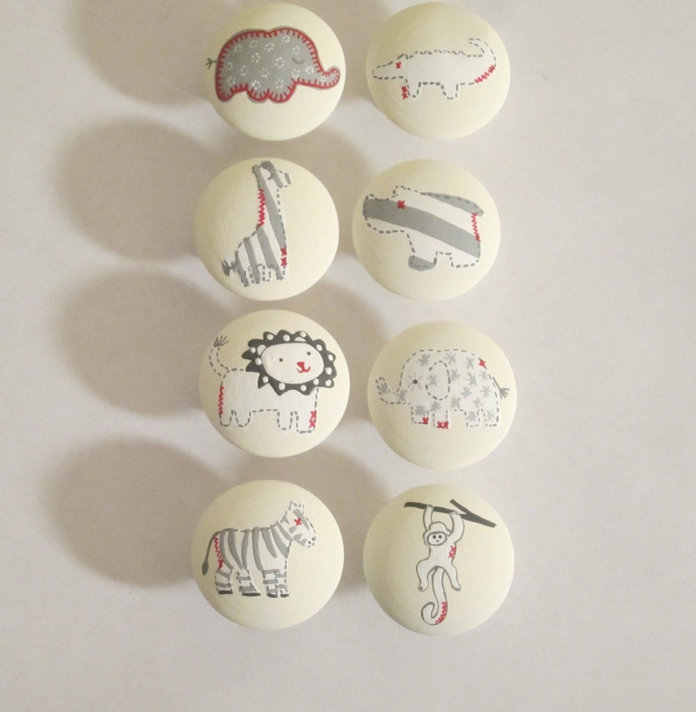 Hand painted zoo animals lion zebra hippo giraffe drawer pulls knobs nursery