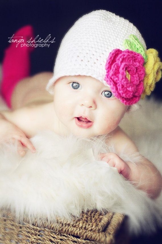 Crochet Cotton Hat White Classic Bucket Style with Fuschia and Yellow Flowers