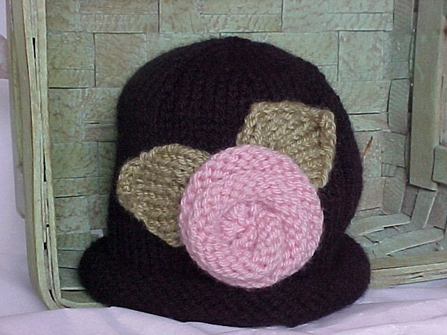 Black Knitted Hat with Pink knitted Rose Adorable Photography Prop, Newborn to 3 months, 3 to 6 months, 6 to 12 months