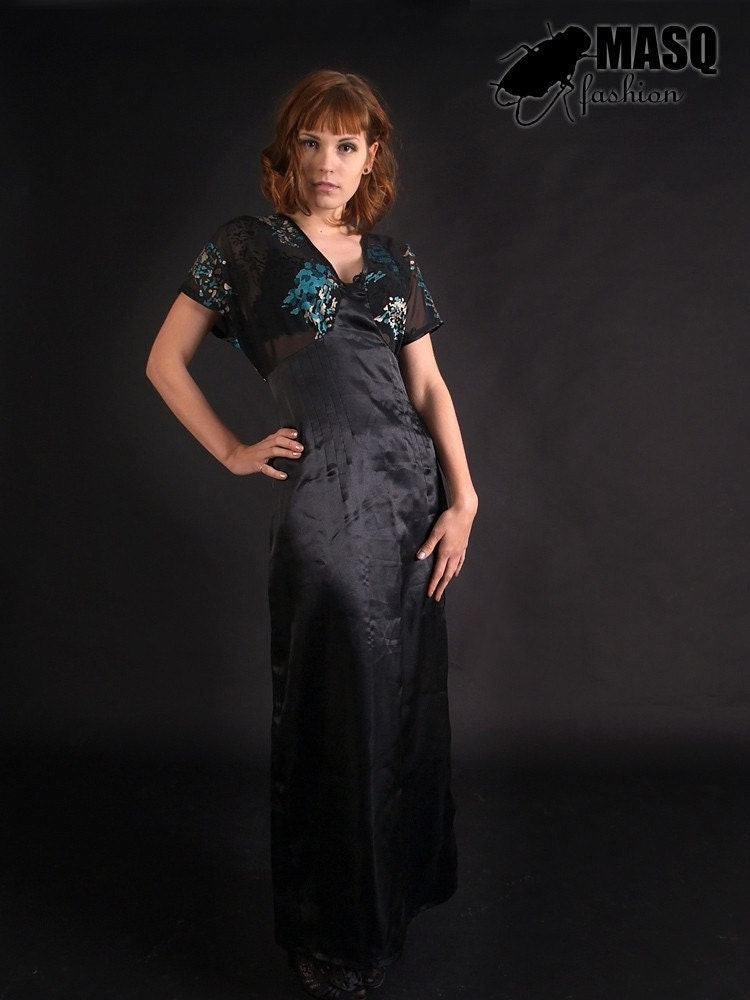 MASQ SALE Art Deco inspired long gown dress with japanese kimono style short sleeves L XL