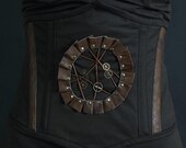 MASQ Brown clockwork cameo steel boned waist cincher - corset with real leather details and lacing M L XL