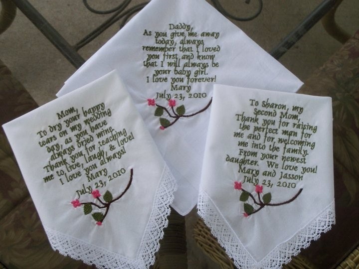 Set of 3 personalized Wedding Hankderchiefs any combination.