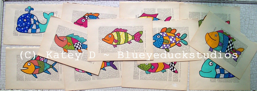 Day Old Fish Sale A Quilted Blue Whale Folk Art original painting antique book page Katey Duck half off