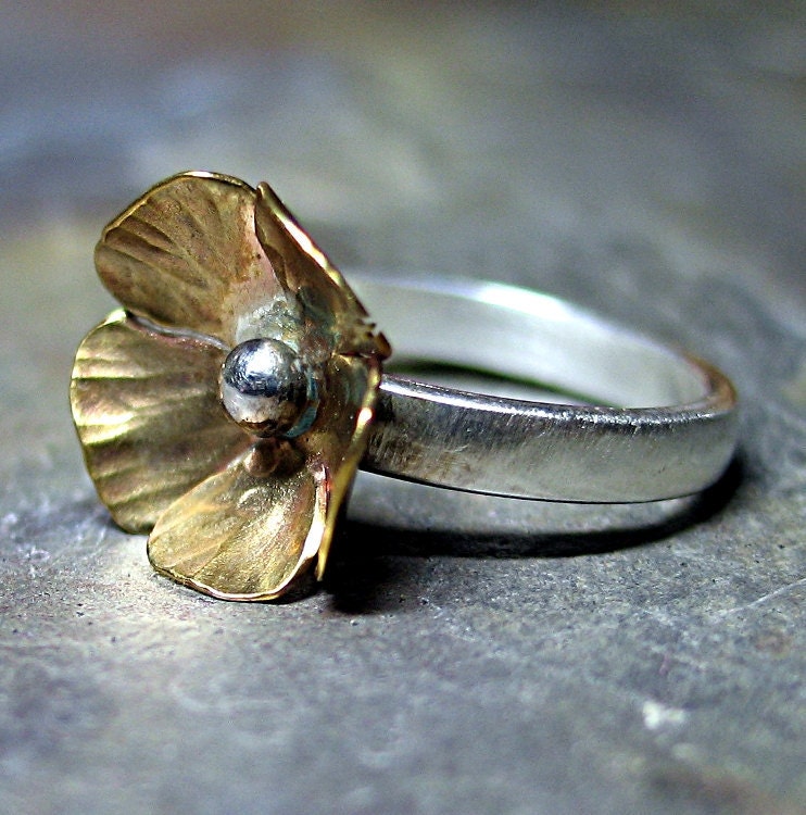 Sterling Silver and Brass Flower ring nature jewelry - Buttercup