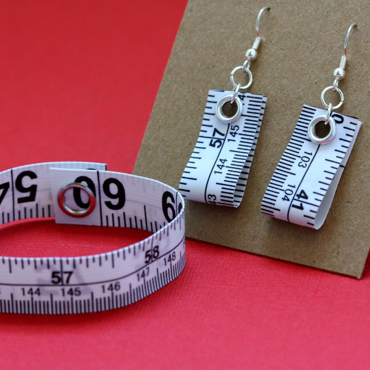 Tape Measure Jewelry Set in White - Earrings and Bracelet