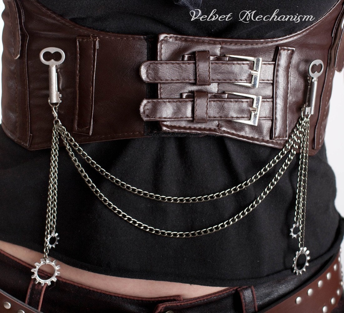 Steampunk Harness BROWN Faux Leather Underbust Bodice with Silver Gears, Buckles, Chain, and Antique Keys by Velvet Mechanism