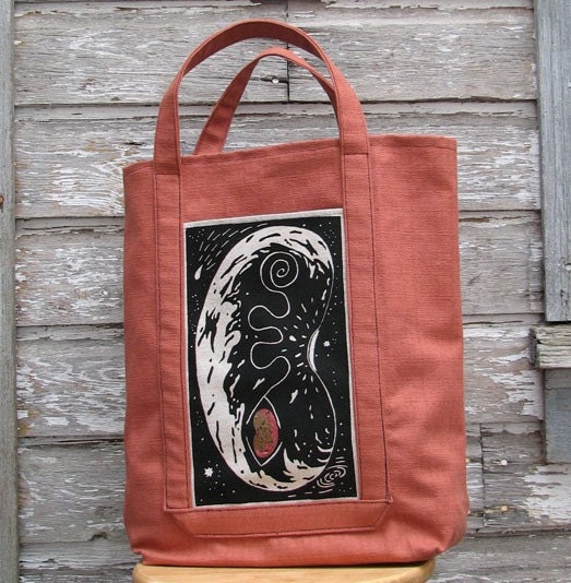 Reusable shopping tote - Earth Bean - screenprinted and painted