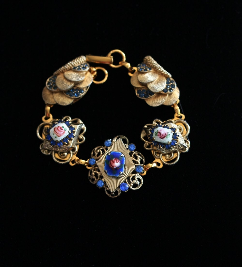 Rhinestone Charm Bracelet, Enamel Charm Bracelet, Handmade Jewely, Accessories, Gold Rose Bracelet, Vintage Bracelet