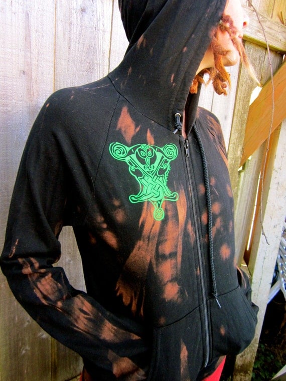 SALE Unisex Double Sided Celtic Black Green Bleached Hoodie Small Only