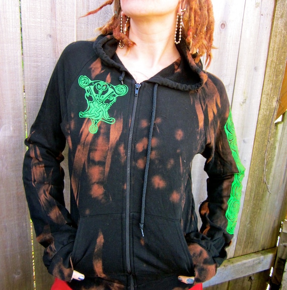 SALE Unisex Double Sided Celtic Black Green Bleached Hoodie Small Only