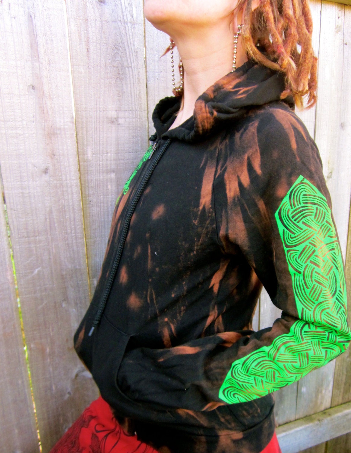 SALE Unisex Double Sided Celtic Black Green Bleached Hoodie Small Only