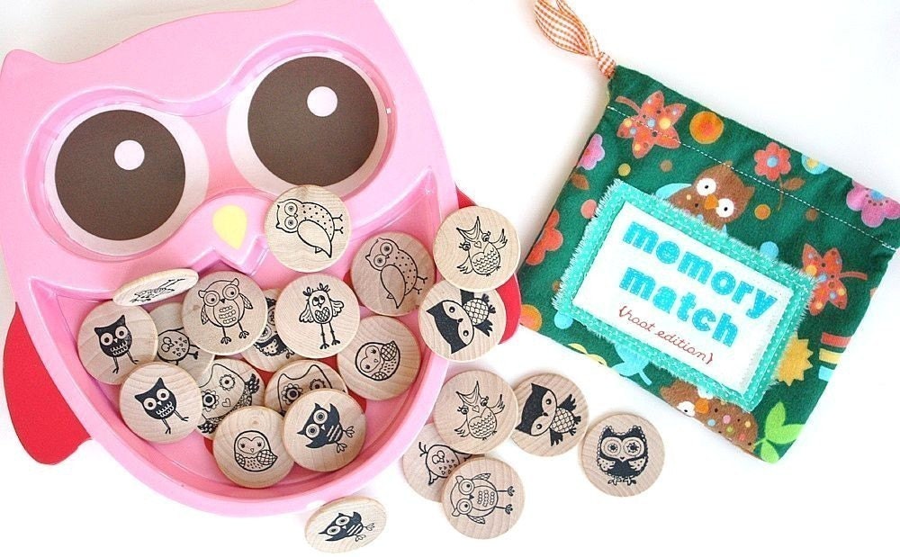 Wooden Matching Memory Game -- HOOT Edition