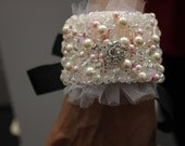 Hand Sewn Beaded Wedding Bracelet Cuff with Pale Pink and Cream Pearls with Crystals