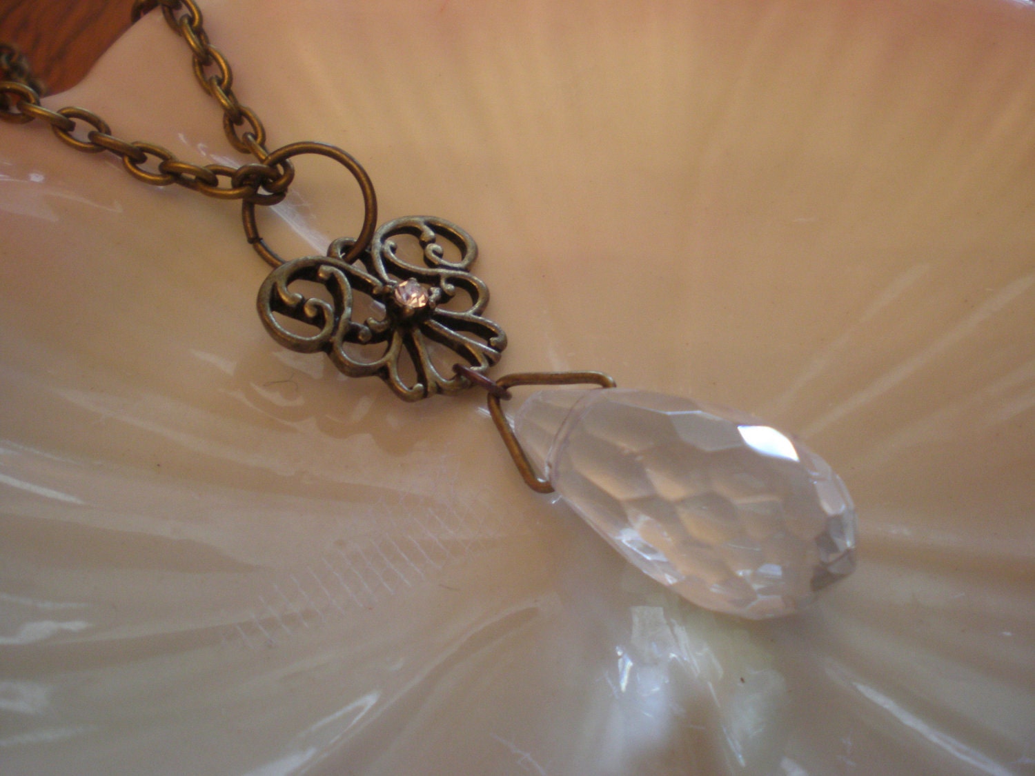 18-inch Vintage Brass Necklace with Clear, Glass Faceted Tear Drop Pendant