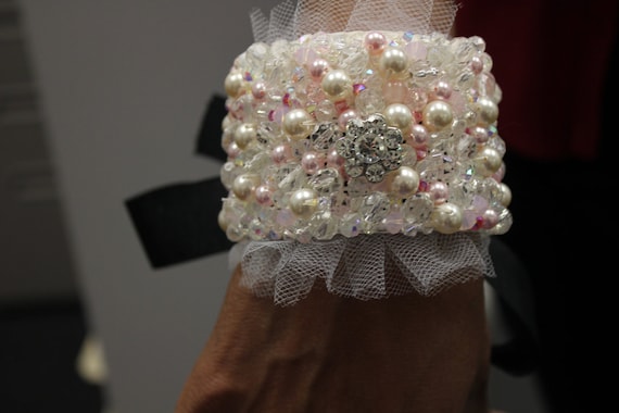 Hand Sewn Beaded Wedding Bracelet Cuff with Pale Pink and Cream Pearls with Crystals