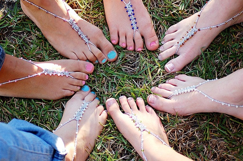 Barefoot Sandals - WEDDING PACKAGE FOR 5 - Foot Jewelry Slave Anklet Toe Ring Thongs Beach Destination Soleless Crochet