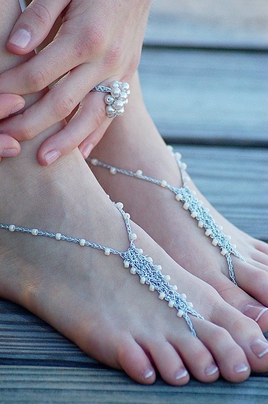 Barefoot Sandals - WEDDING PACKAGE FOR 5 - Foot Jewelry Slave Anklet Toe Ring Thongs Beach Destination Soleless Crochet