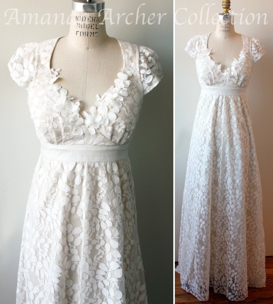Ivory Lace Wedding Gown with Cap Sleeves, Made to Order