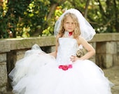 Flower Girl Tutu Dress Silver Damask with Fuchsia Flowers  5-6T