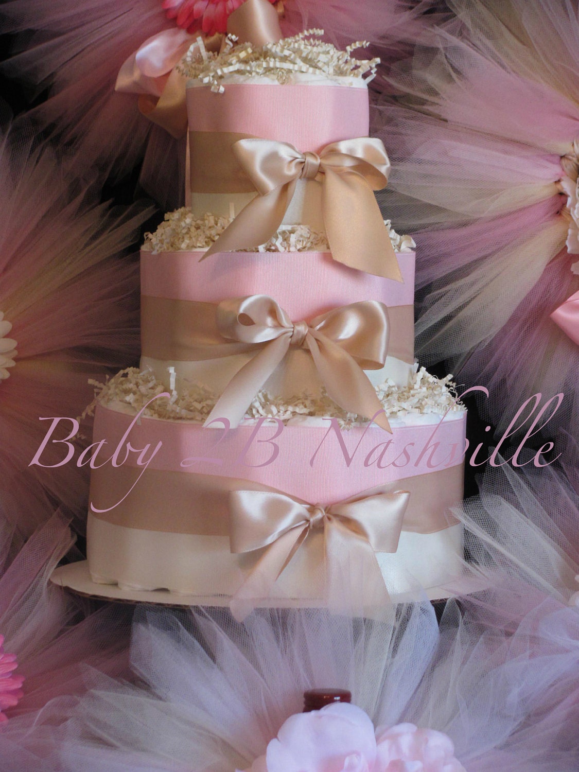 Blush Baby Shower Decorations Package includes 6 newborn tutus, flower clips, headbands, diaper cake made to match your colors