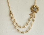 Pearl Flower Necklace, Beaded Jewelry, Gold Pearl Necklace, Gold Rhinestone Pearl Necklace, Vintage Jewelry