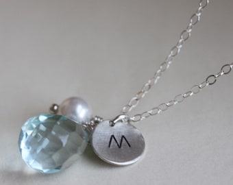 Personalized  Necklace - Aquamarine Necklace - Initial Necklace - March Birthstone - Sterling Silver - Bridal Jewelry
